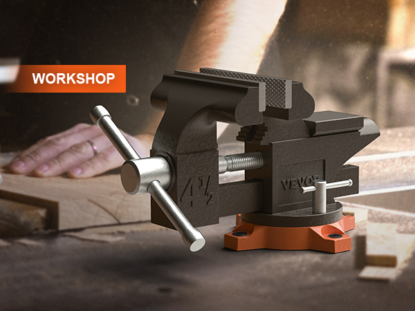 Верстачные тиски VEVOR в обстановке мастерской, на заднем плане руки, работающие с деревом.