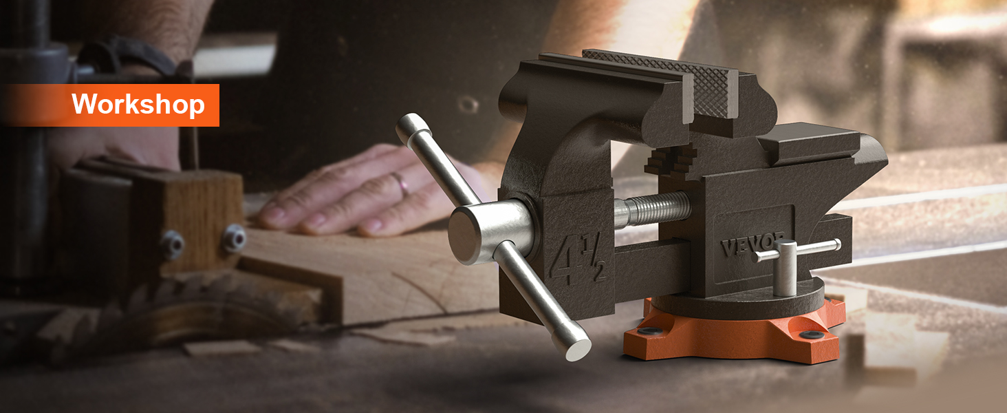 Верстачные тиски VEVOR в обстановке мастерской, на заднем плане руки, работающие с деревом.