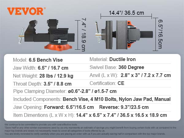 VEVOR 6.5" bench vise with 360-degree swivel, ductile iron material, and nylon jaw pad.