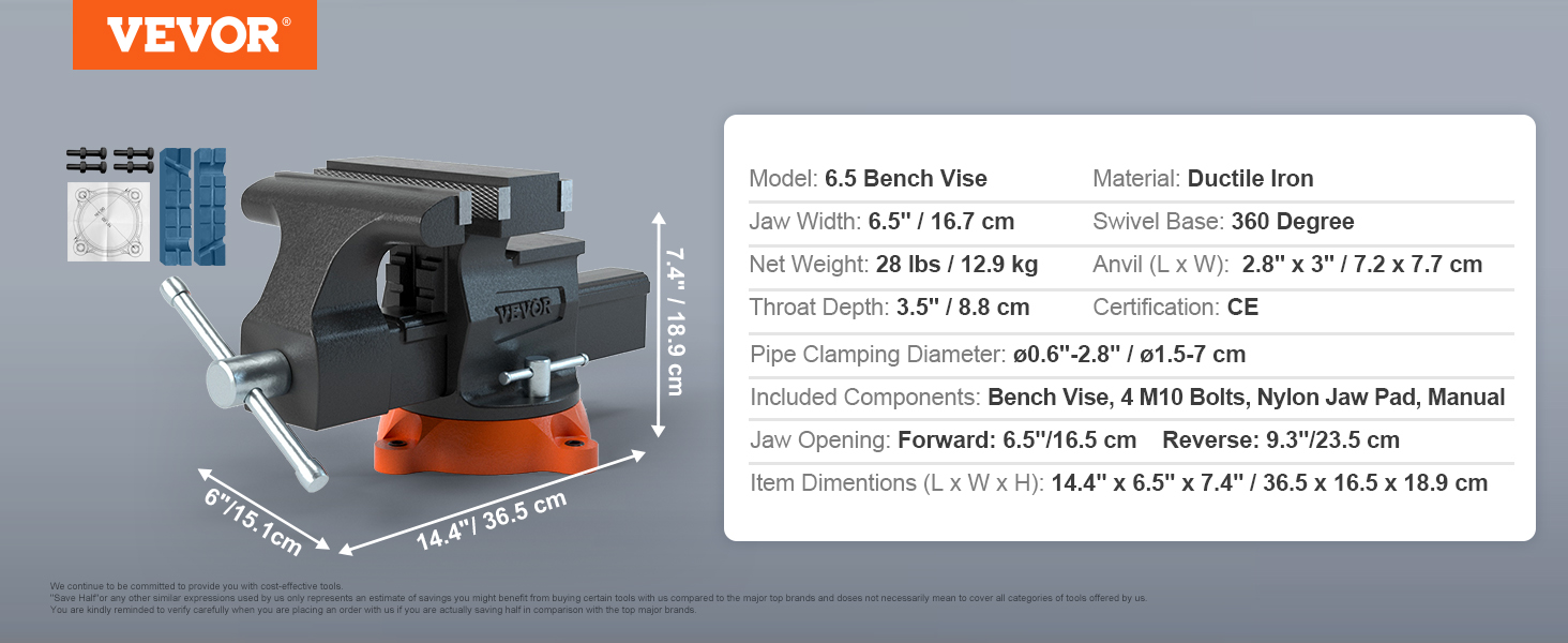 VEVOR 6.5" bench vise with 360-degree swivel, ductile iron material, and nylon jaw pad.