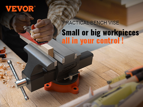 VEVOR bench vise securing wood piece on a workbench with tools and shavings nearby.