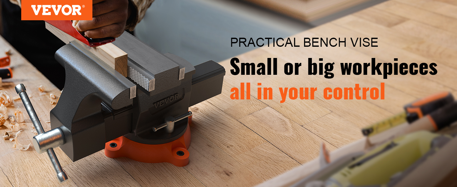 VEVOR bench vise securing wood piece on a workbench with tools and shavings nearby.