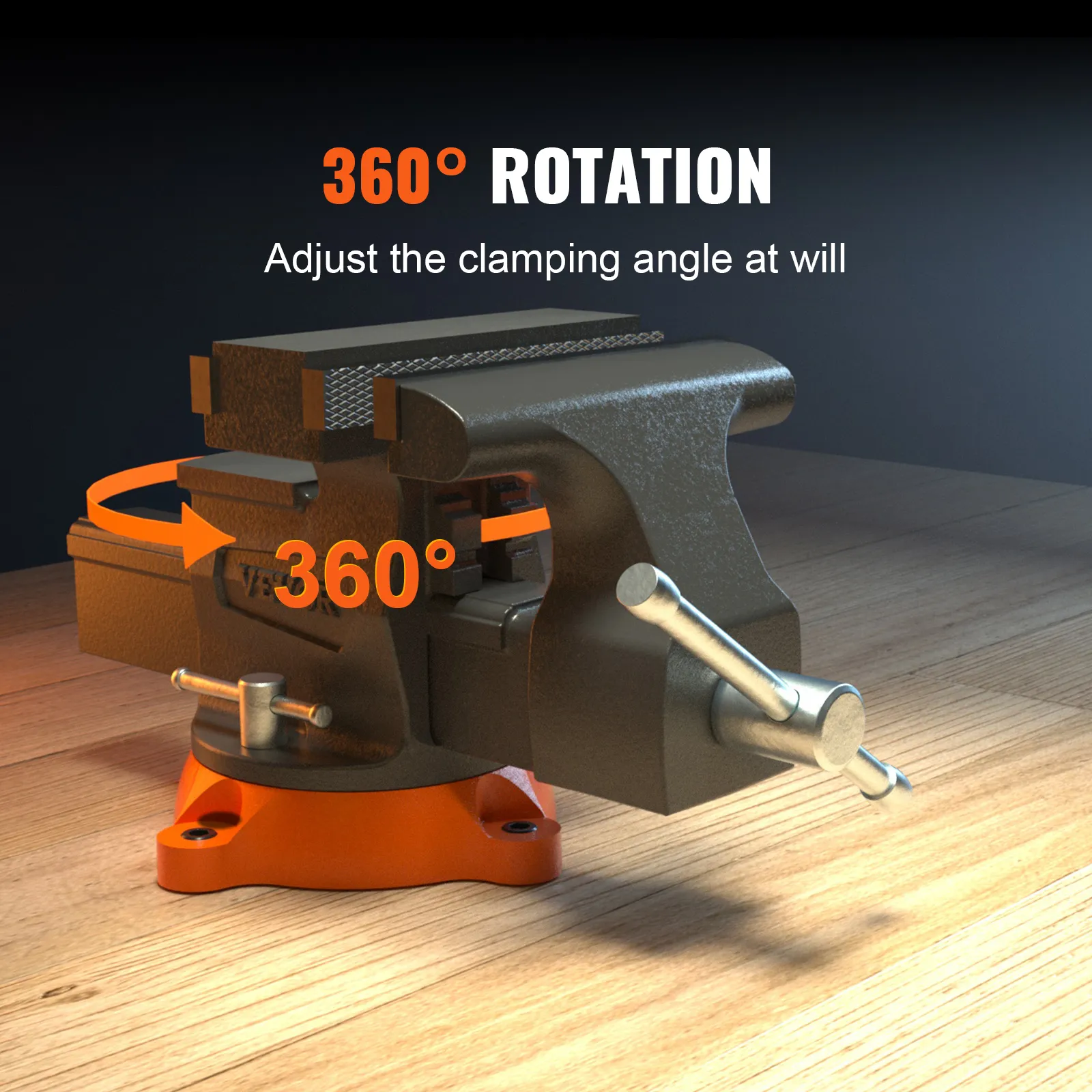 VEVOR bench vise on a wooden table, featuring 360° rotation for adjustable clamping angle.