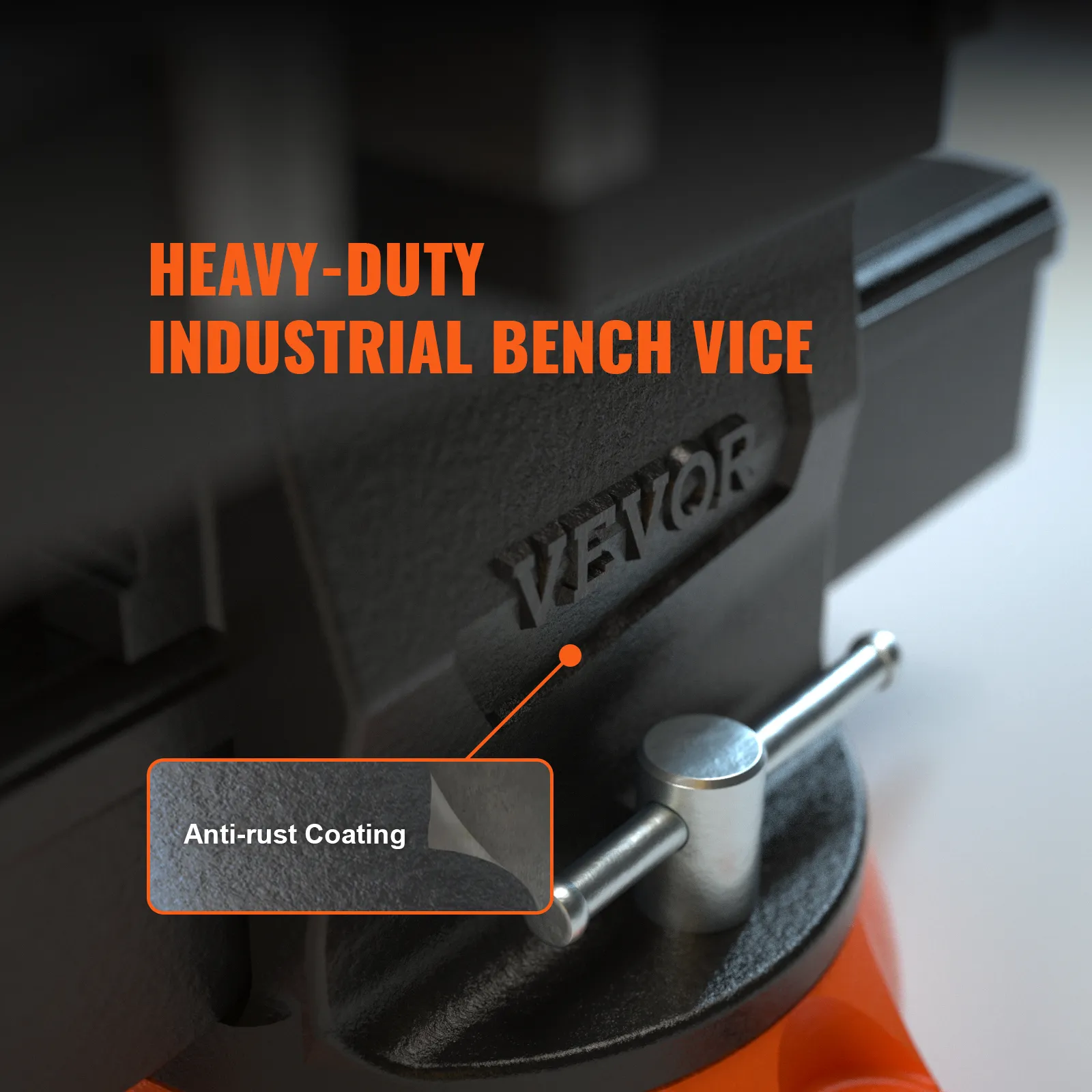 VEVOR bench vise with anti-rust coating for heavy-duty industrial use, showcasing close-up details.