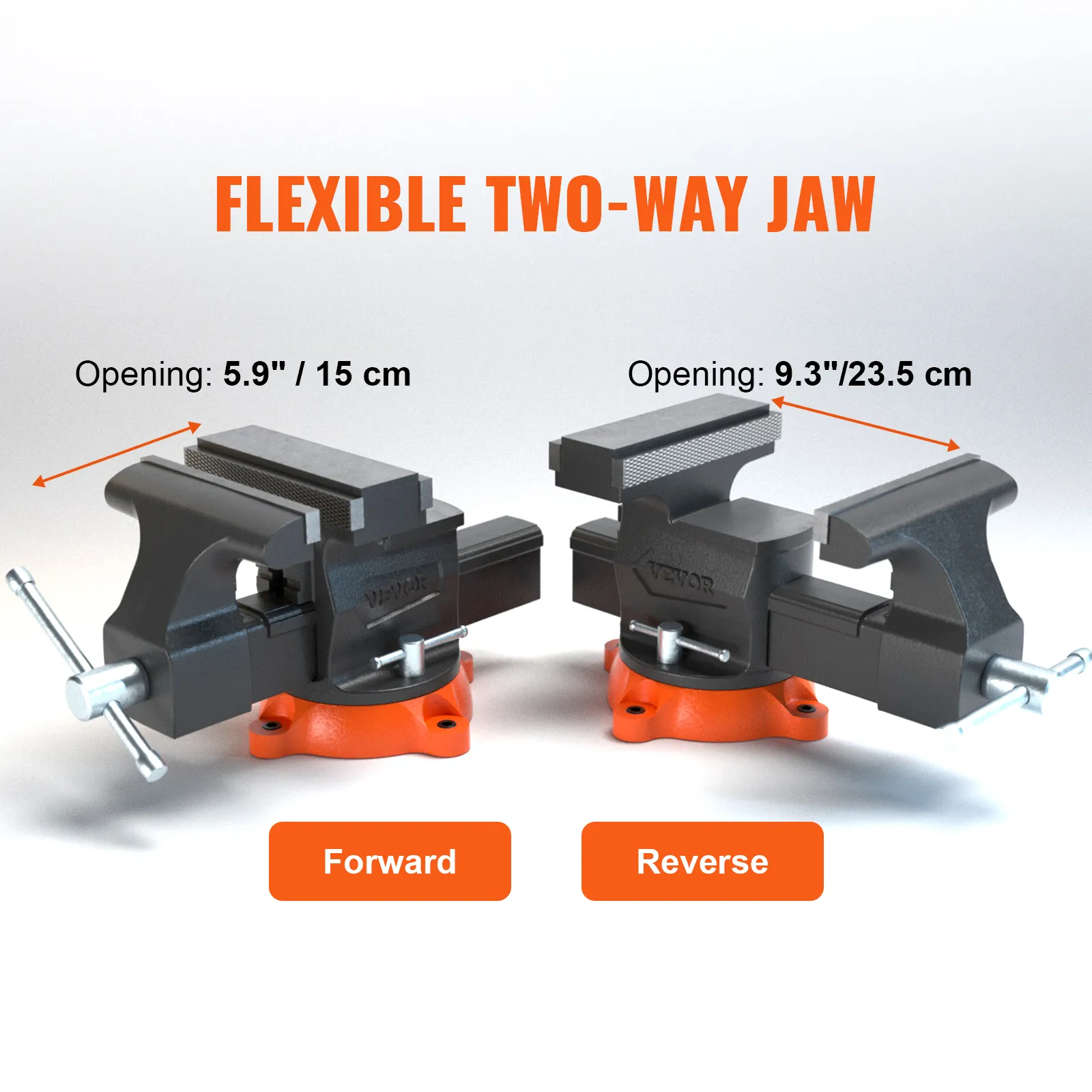 VEVOR bench vise with flexible two-way jaws, 5.9" and 9.3" opening, showcasing forward and reverse options.