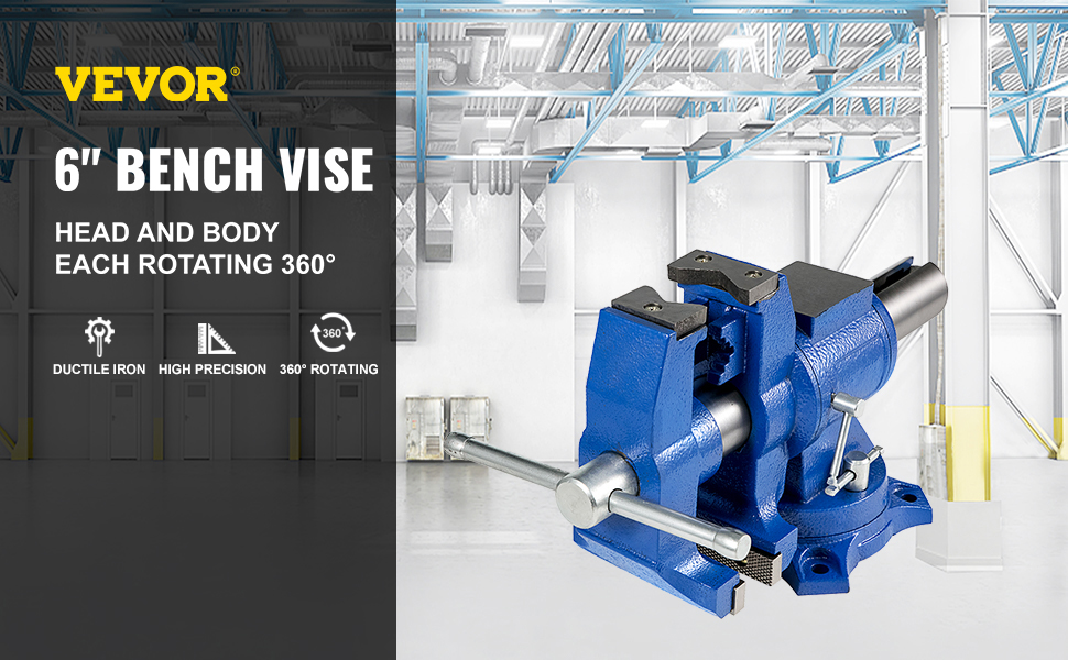 VEVOR bench vise 6" in blue with 360° rotating head and body.
