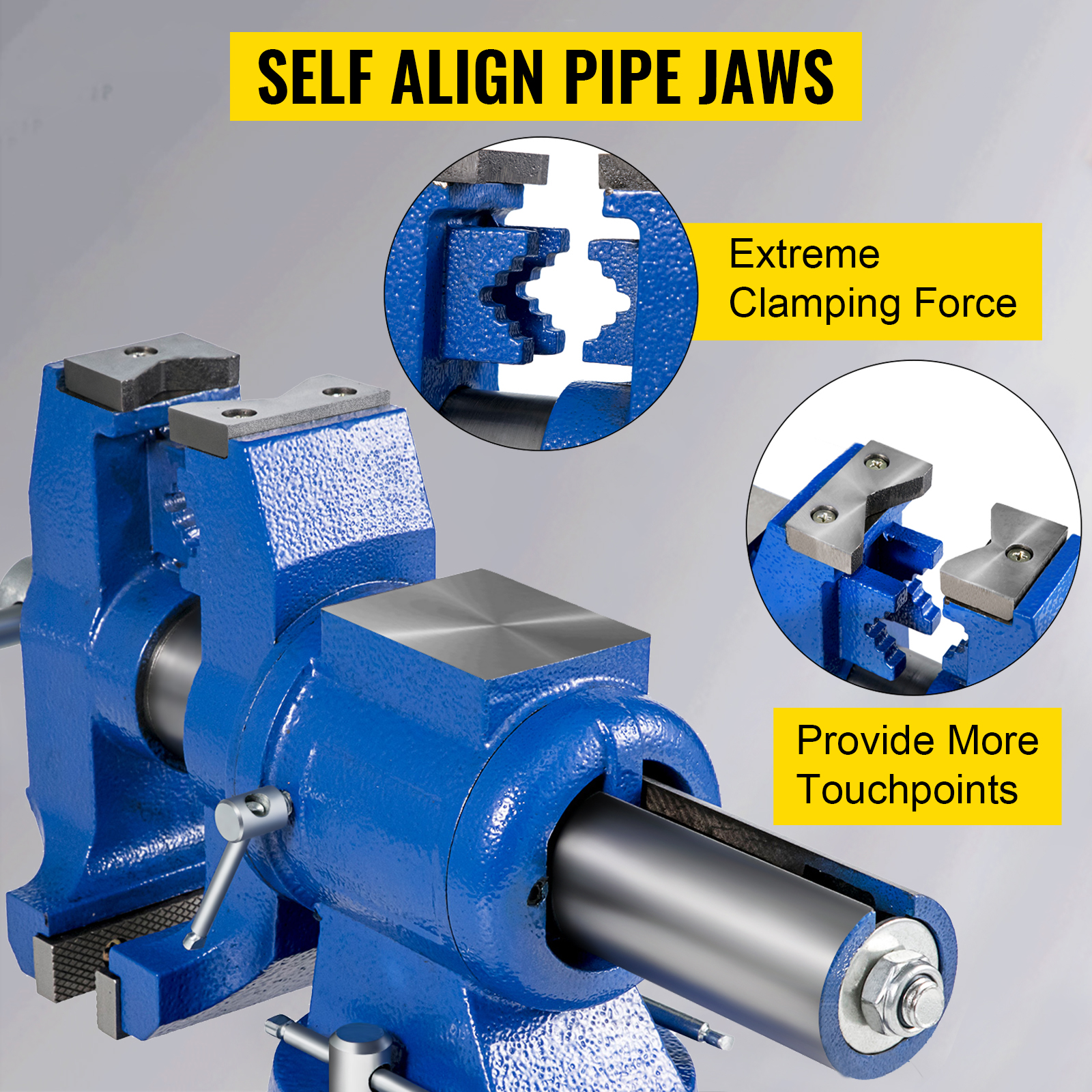 VEVOR bench vise with self-align pipe jaws and extreme clamping force.