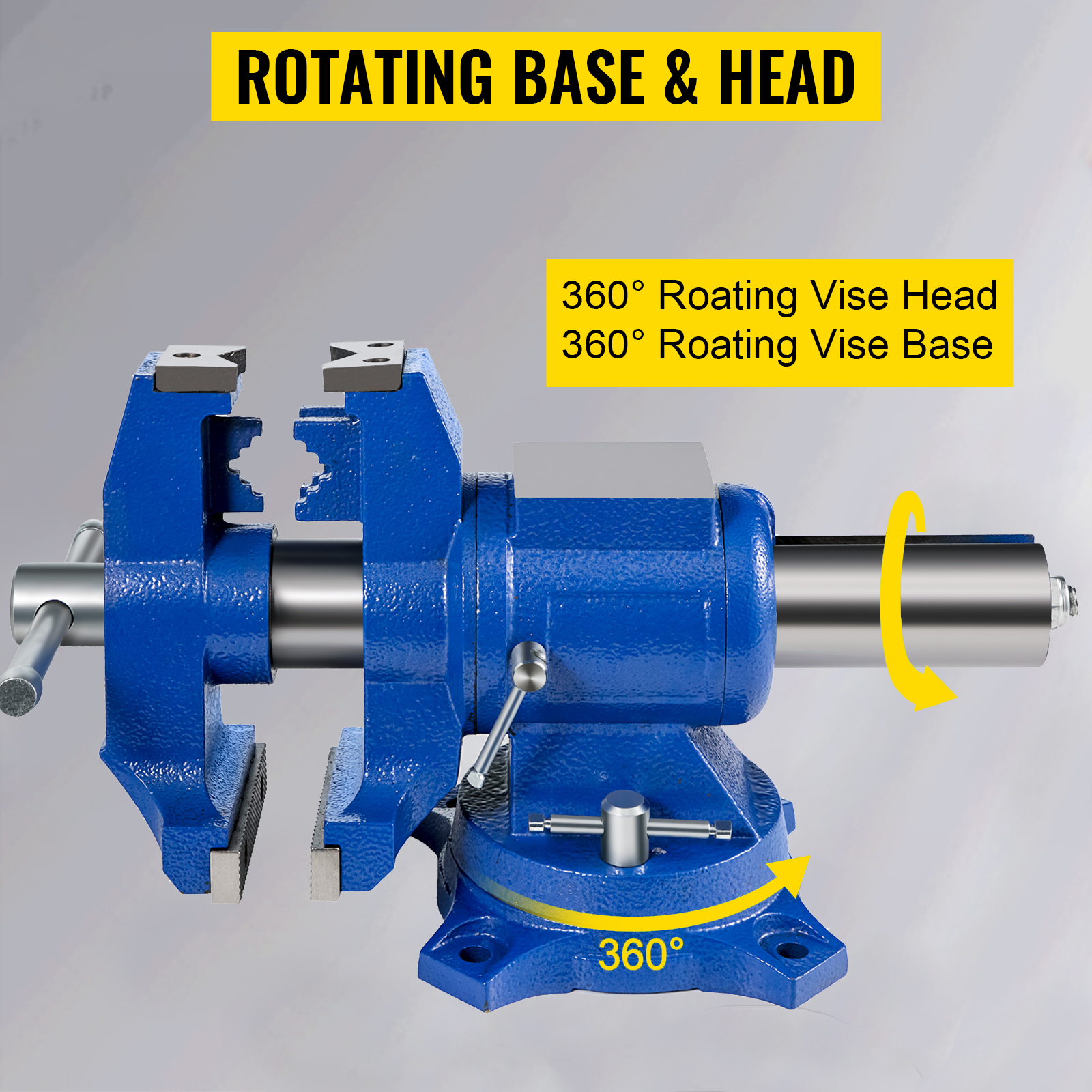 VEVOR bench vise with 360° rotating base and head for versatile clamping.