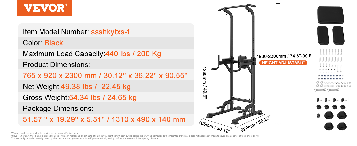 VEVOR power tower, black, max load 440 lbs, height adjustable 74.8"-90.5", includes assembly components.