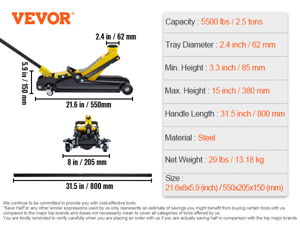 VEVOR low profile floor jack with 5500 lbs capacity, 21.6-inch length, and 3.3 to 15-inch height range.