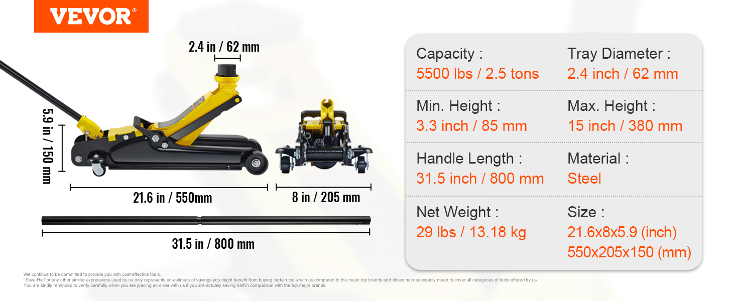 VEVOR low profile floor jack with 5500 lbs capacity, 21.6-inch length, and 3.3 to 15-inch height range.