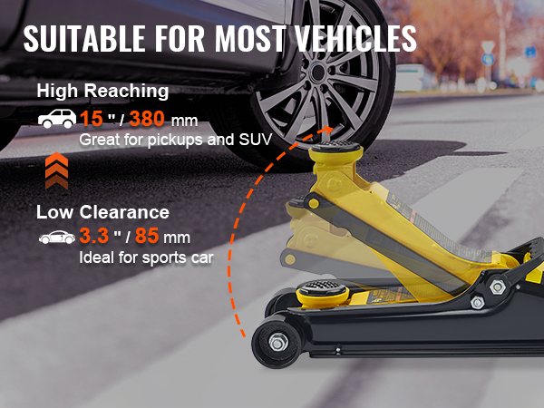 Низкопрофильный напольный домкрат VEVOR, подходит для большинства автомобилей, высота достигает 15 дюймов, низкий клиренс 3,3 дюйма.
