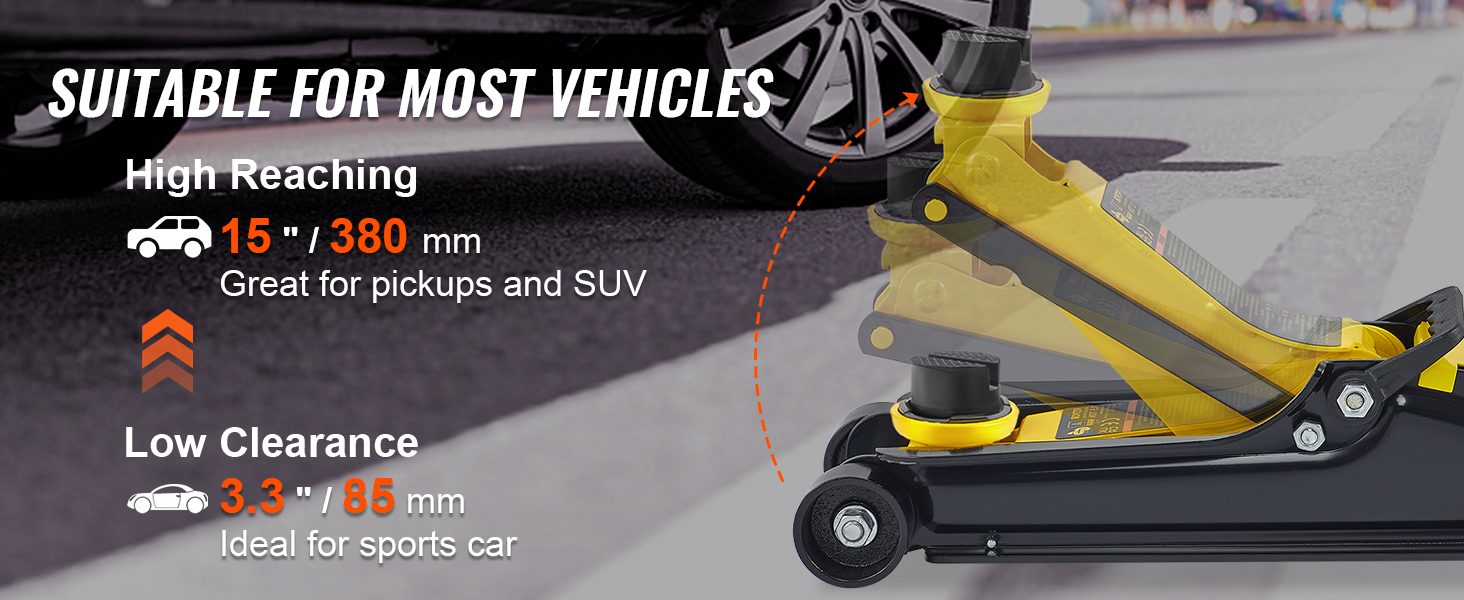Низкопрофильный напольный домкрат VEVOR, подходит для большинства автомобилей, высота достигает 15 дюймов, низкий клиренс 3,3 дюйма.