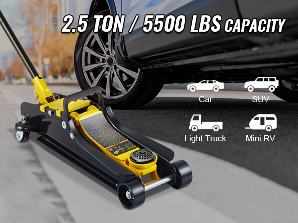 Низкопрофильный напольный домкрат VEVOR грузоподъемностью 2,5 тонны, подходит для легковых автомобилей, внедорожников, легких грузовиков и мини-внедорожников.