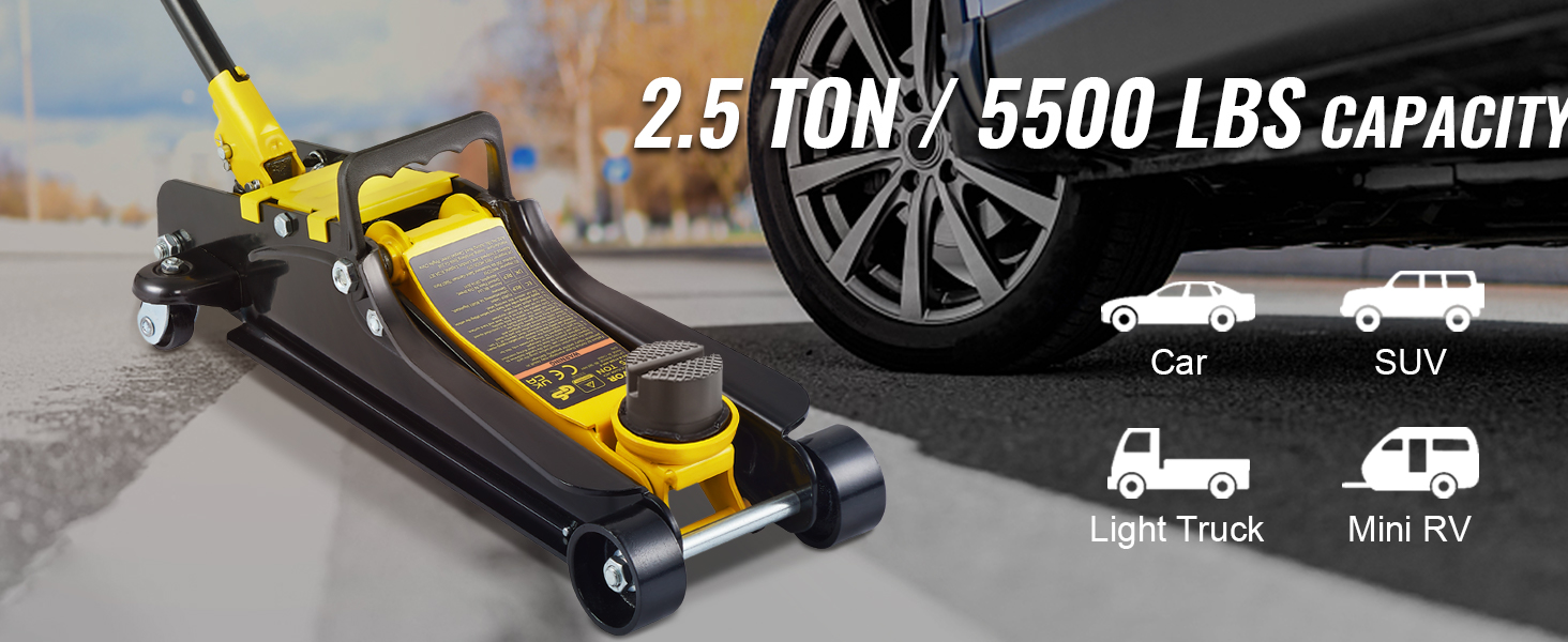 Низкопрофильный напольный домкрат VEVOR грузоподъемностью 2,5 тонны, подходит для легковых автомобилей, внедорожников, легких грузовиков и мини-внедорожников.