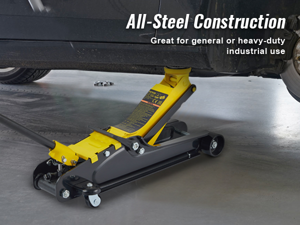 Низкопрофильный напольный домкрат VEVOR с отсутствующим колесом, демонстрирующий цельнометаллическую конструкцию.