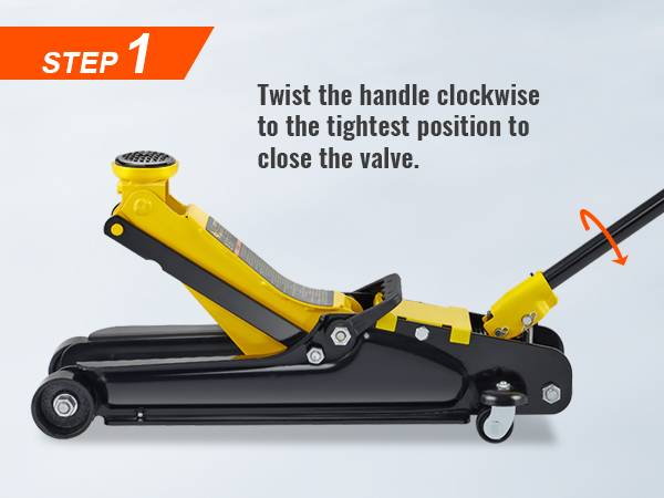 шаг 1 инструкции для низкопрофильного напольного домкрата VEVOR: поверните ручку по часовой стрелке, чтобы закрыть клапан.
