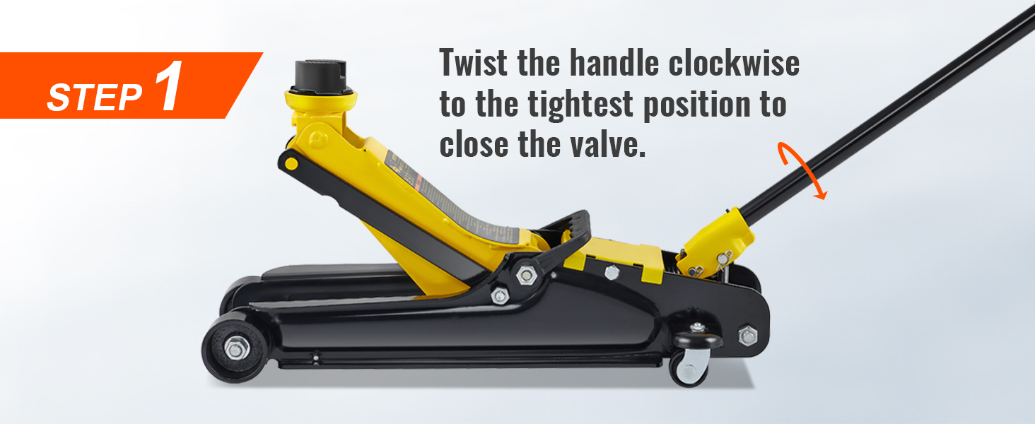 шаг 1 инструкции для низкопрофильного напольного домкрата VEVOR: поверните ручку по часовой стрелке, чтобы закрыть клапан.