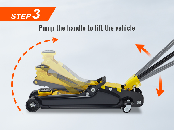 пошаговое руководство: используйте низкопрофильный напольный домкрат VEVOR, качая ручку, чтобы поднять автомобиль.