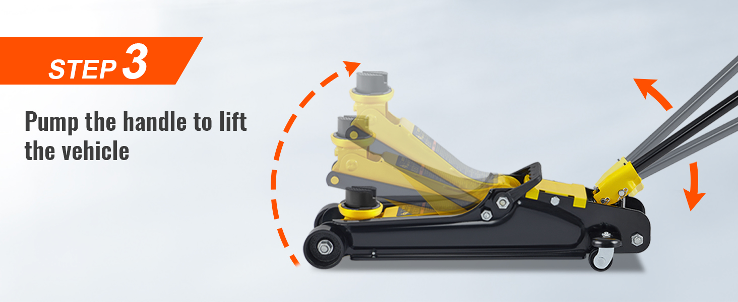 пошаговое руководство: используйте низкопрофильный напольный домкрат VEVOR, качая ручку, чтобы поднять автомобиль.