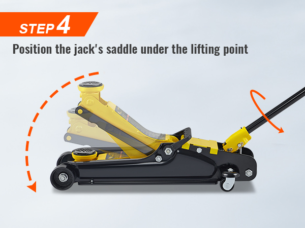 шаг 4 инструкция: поверните ручку против часовой стрелки, чтобы опустить низкопрофильный напольный домкрат VEVOR.