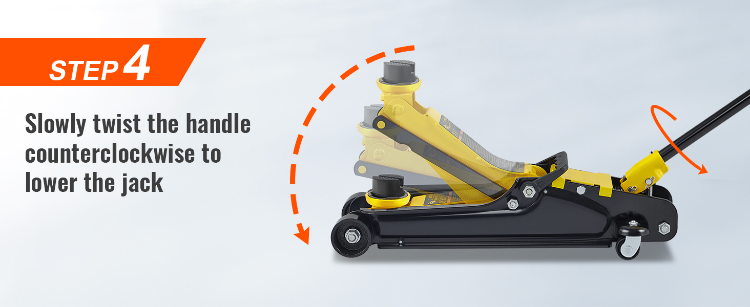 шаг 4 инструкция: поверните ручку против часовой стрелки, чтобы опустить низкопрофильный напольный домкрат VEVOR.