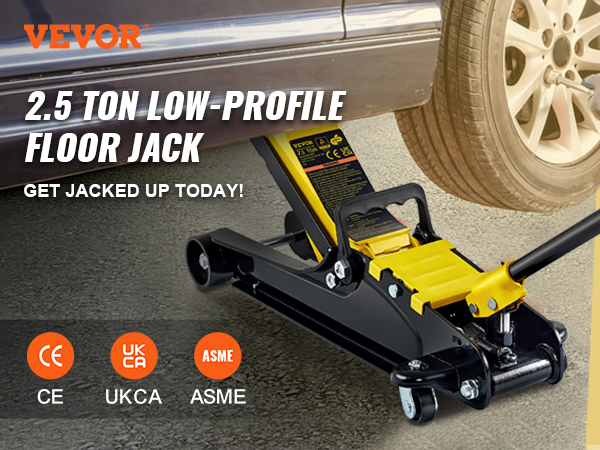 VEVOR low profile floor jack lifting a car with "2.5 ton low-profile floor jack" text and standards icons.