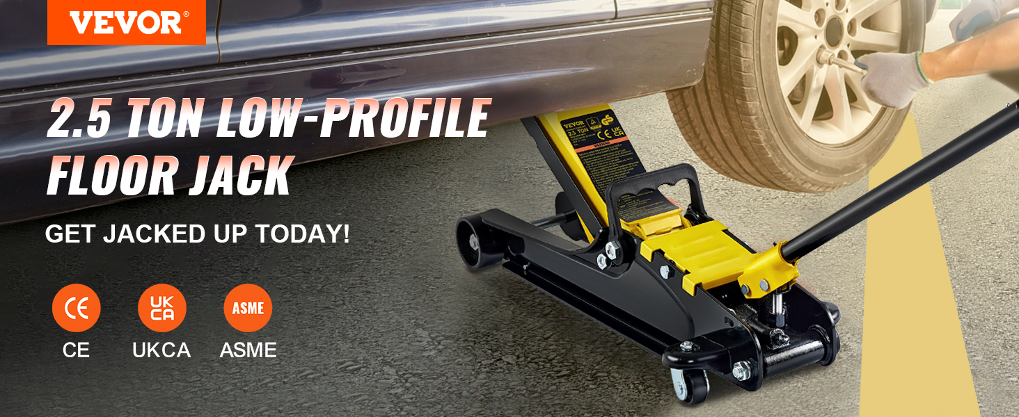 VEVOR low profile floor jack lifting a car with "2.5 ton low-profile floor jack" text and standards icons.