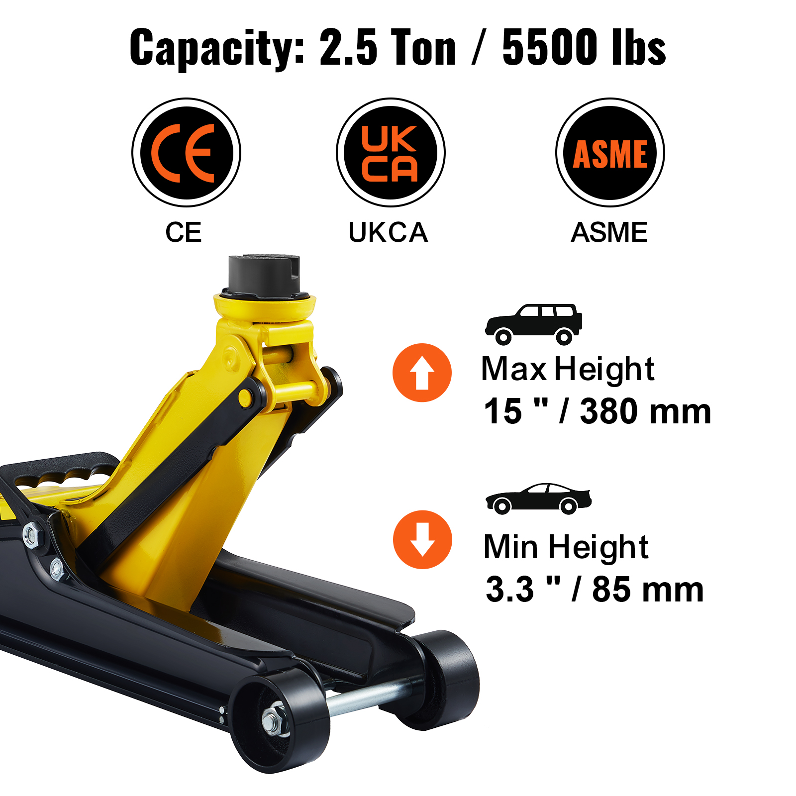 VEVOR low profile floor jack, 2.5 ton capacity, ce, ukca, asme certified, max 15in, min 3.3in height.