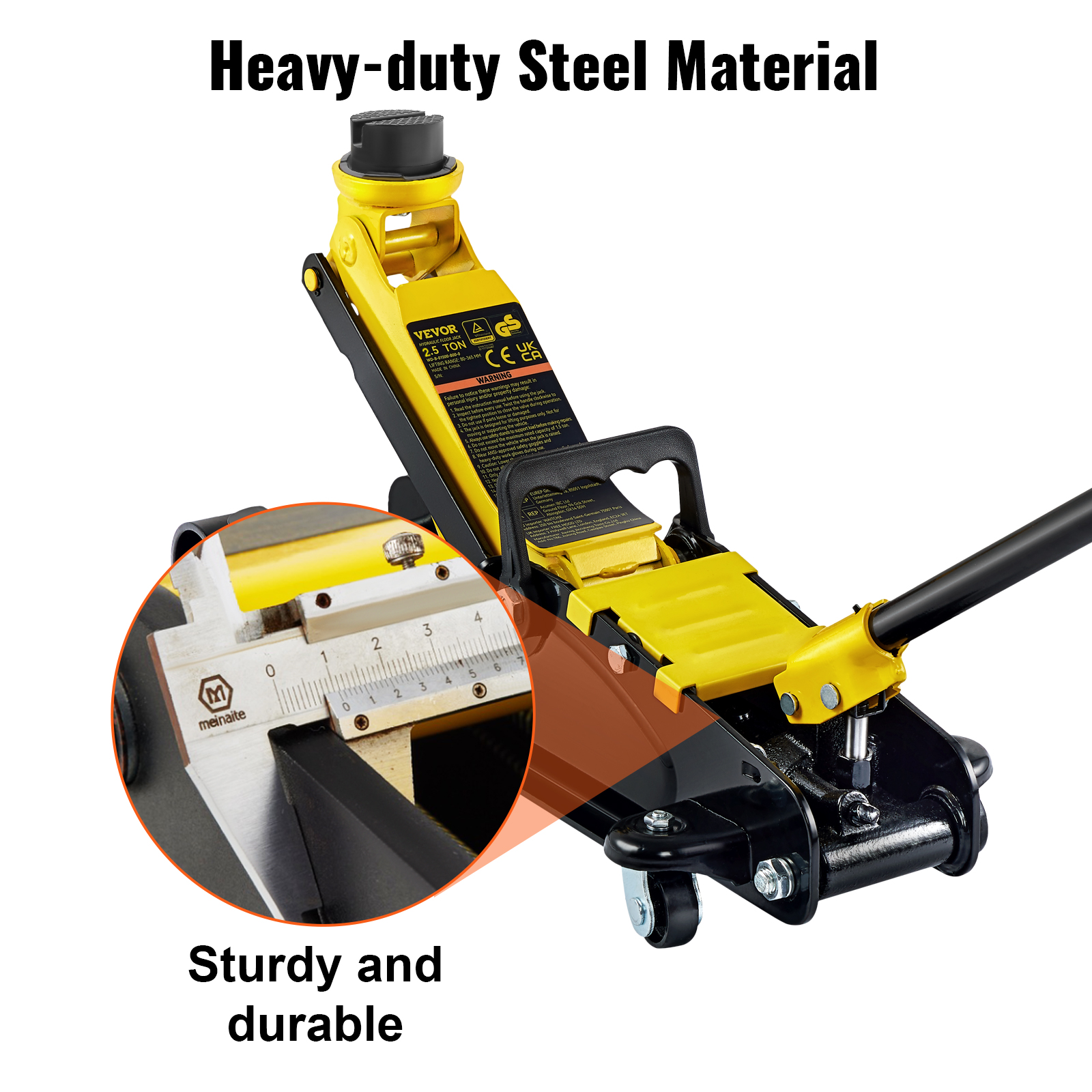VEVOR low profile floor jack made of heavy-duty steel material, ensuring sturdy and durable use.