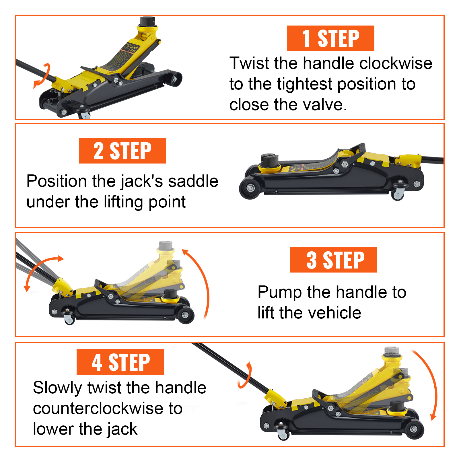 VEVOR low profile floor jack steps: close valve, place saddle under lift point, pump handle, lower jack.