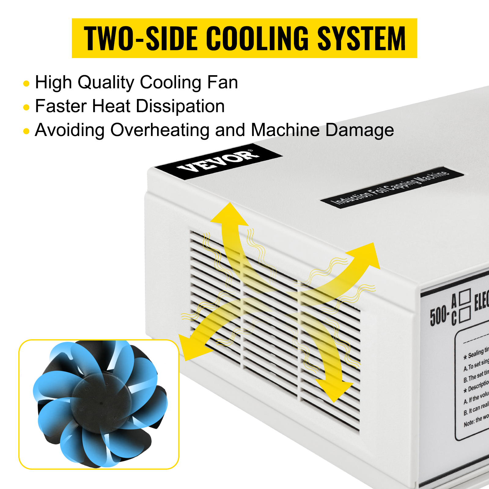 VEVOR indukcijas blīvētājs ar abpusēju dzesēšanas sistēmu un augstas kvalitātes ventilatoru.