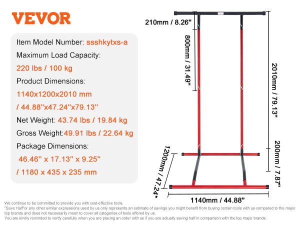 VEVOR power tower, red and black with dimensions: 44.88"x47.24"x79.13", max load 220lbs, includes carry bag.