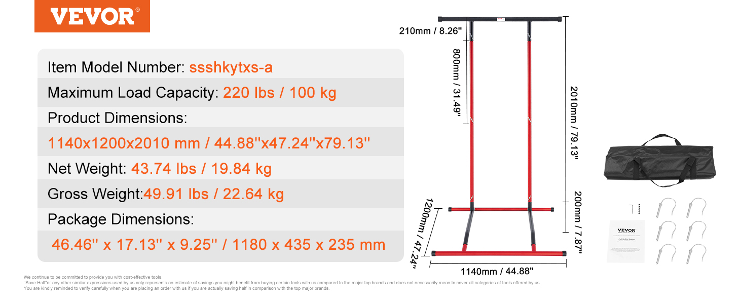 VEVOR power tower, red and black with dimensions: 44.88"x47.24"x79.13", max load 220lbs, includes carry bag.