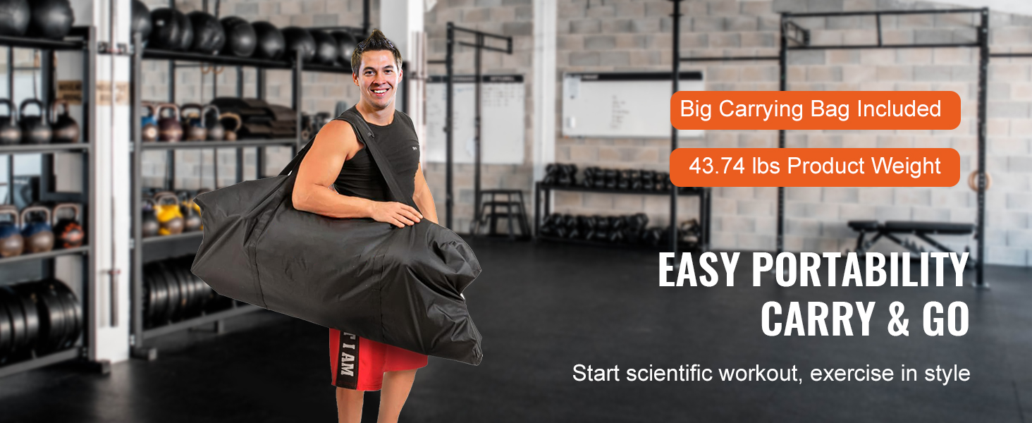 man in gym holding VEVOR power tower bag, showcasing easy portability with text highlighting product weight.
