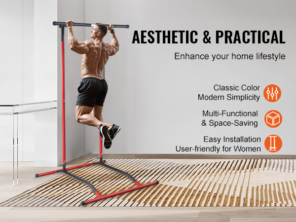 man using VEVOR power tower in modern home gym with text highlighting its aesthetic and practical benefits.