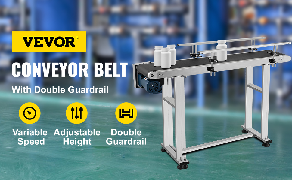 VEVOR belt conveyor with double guardrail, adjustable height, and variable speed.