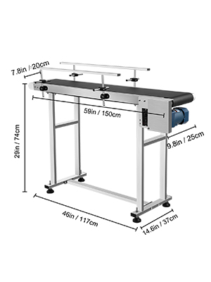 VEVOR belt conveyor with adjustable height and measurements labeled in inches and cm.