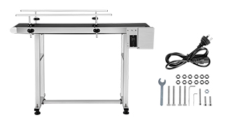 VEVOR belt conveyor with assembly tools and power cord.