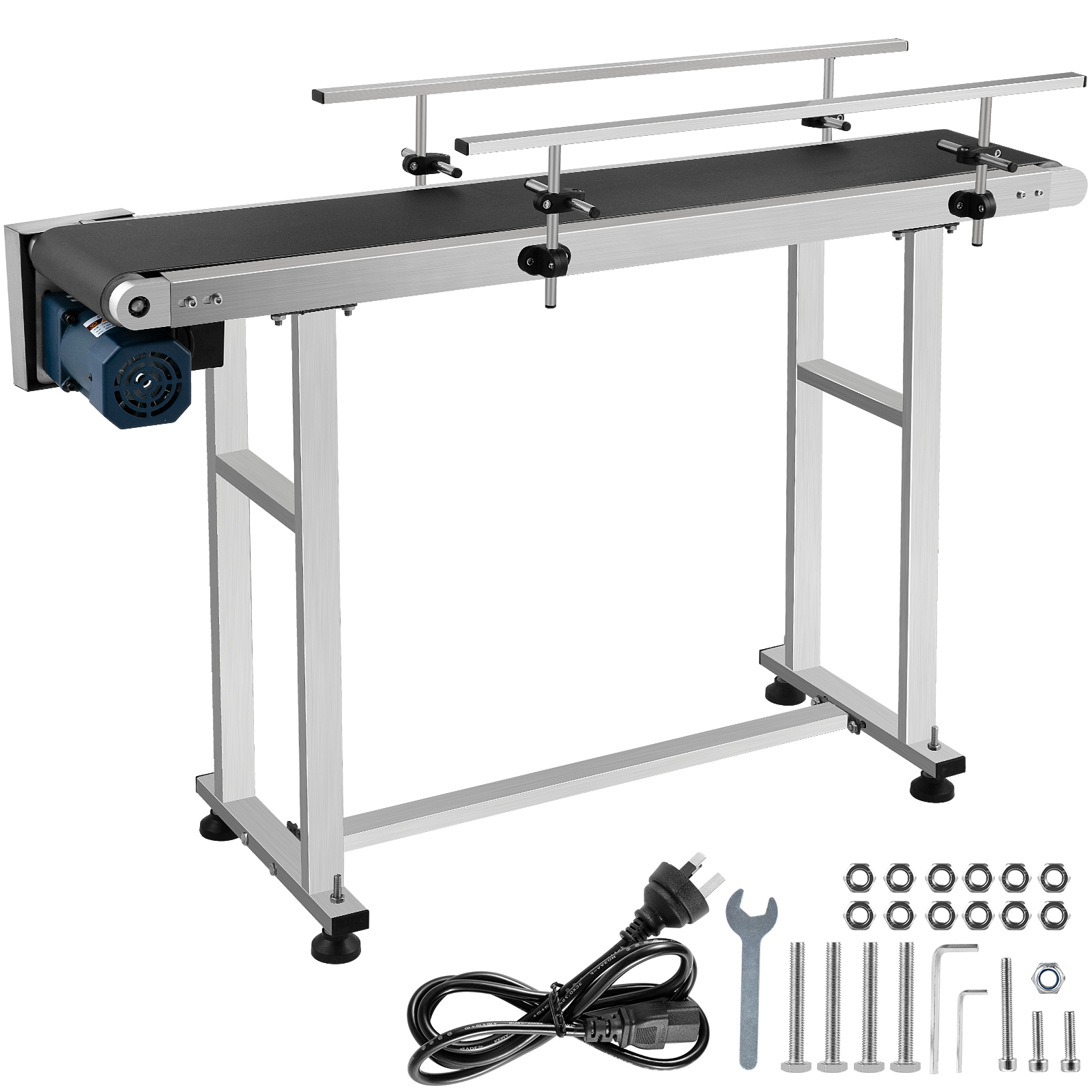 VEVOR belt conveyor with electric motor, adjustable railings, and accessory parts.