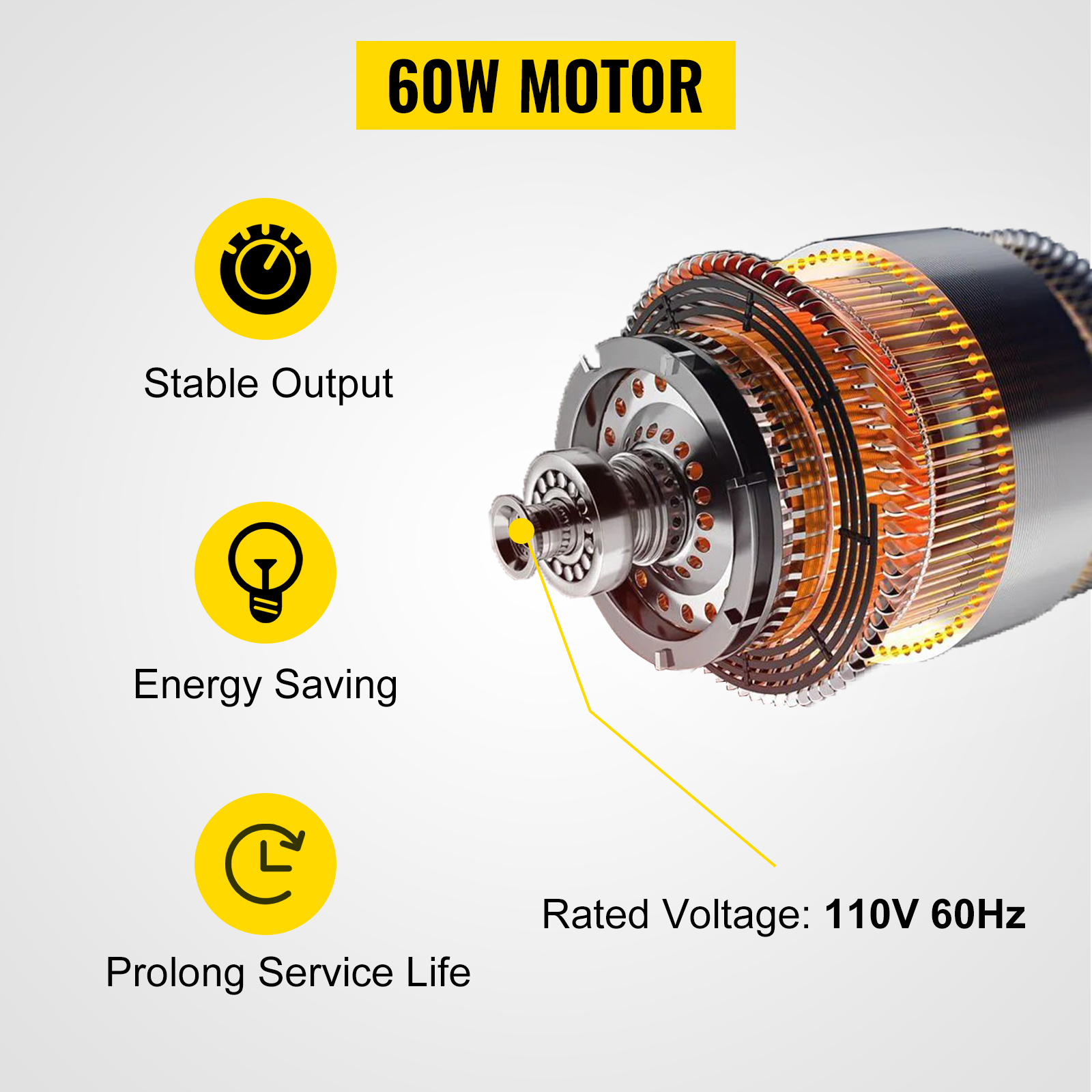 60w motor with stable output, energy-saving features, and prolong service life, 110v 60hz.