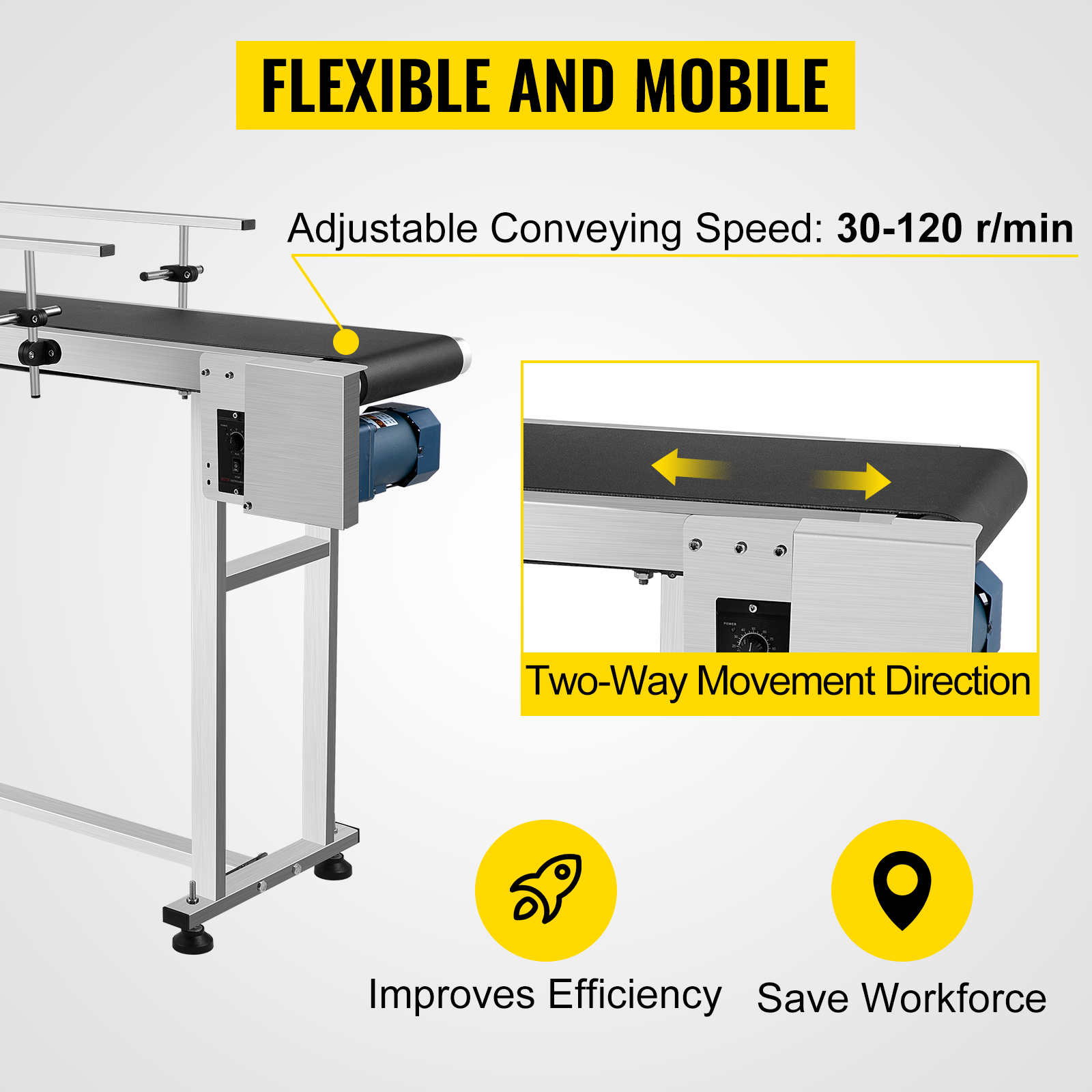 VEVOR belt conveyor with adjustable speed, two-way movement, and efficiency icons
