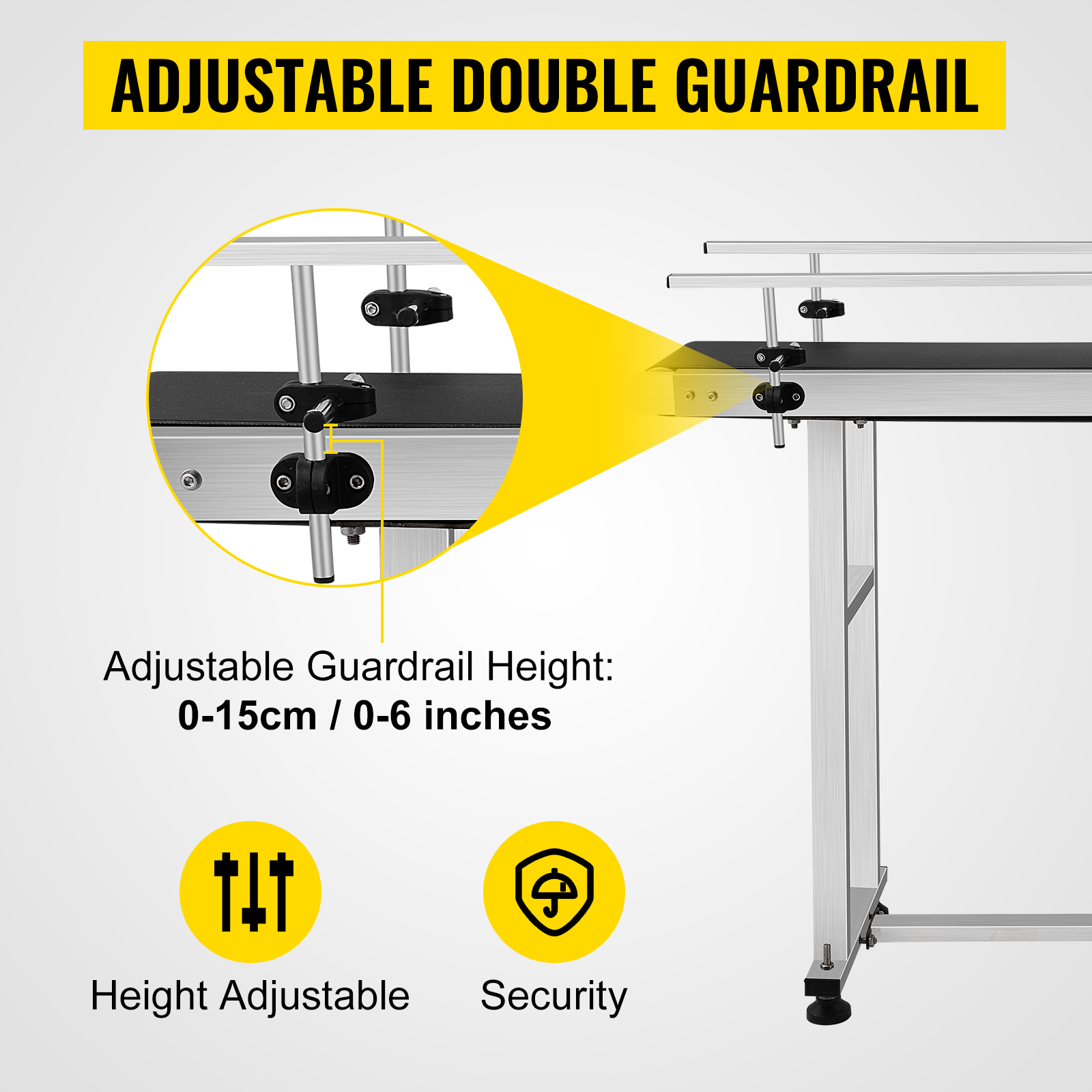 adjustable double guardrail for VEVOR belt conveyor, height 0-15cm, security, and stability.