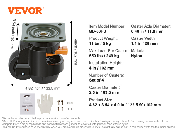 VEVOR leveling casters with measurements, specs, and components displayed. model: gd-80fd.
