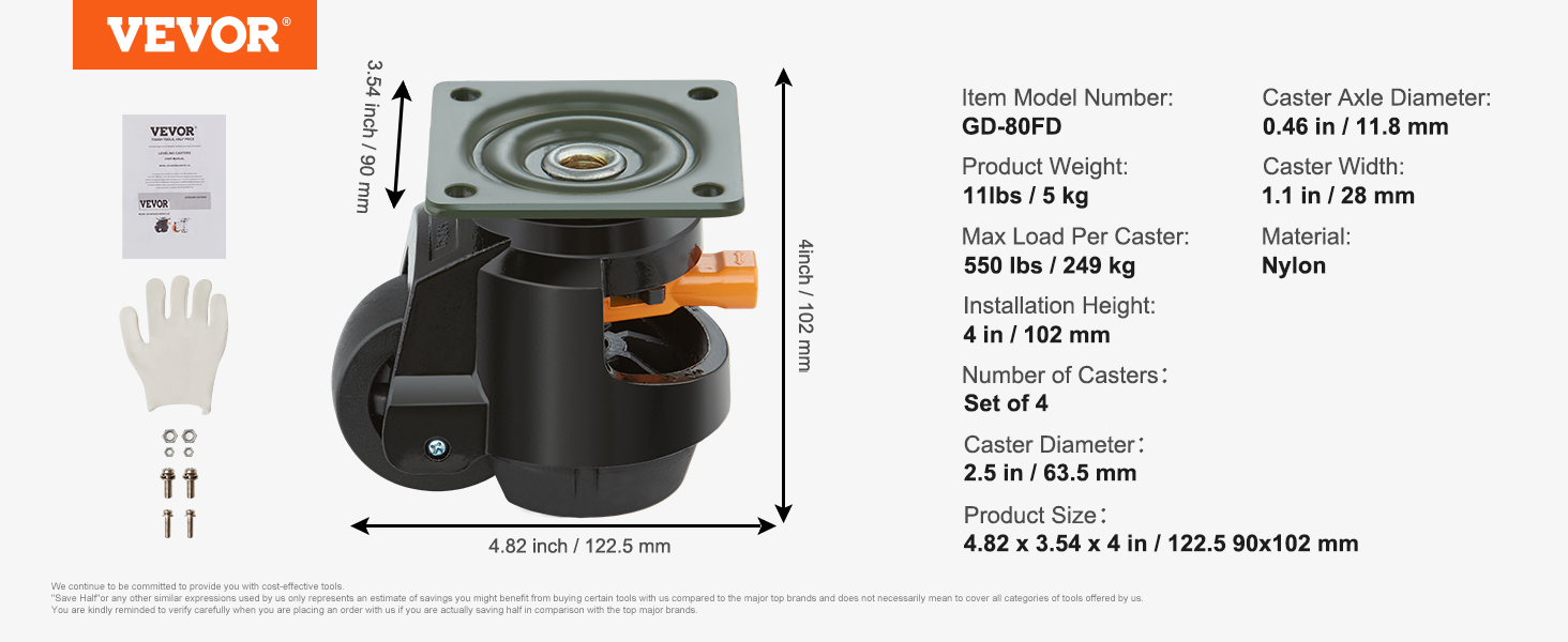 VEVOR leveling casters with measurements, specs, and components displayed. model: gd-80fd.