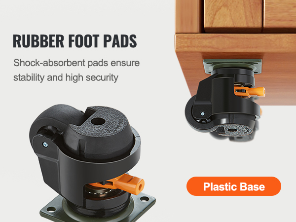 VEVOR leveling casters with rubber foot pads and a plastic base, ensuring stability and security.