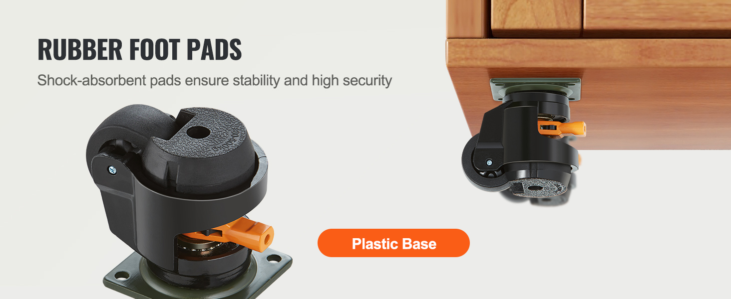 VEVOR leveling casters with rubber foot pads and a plastic base, ensuring stability and security.