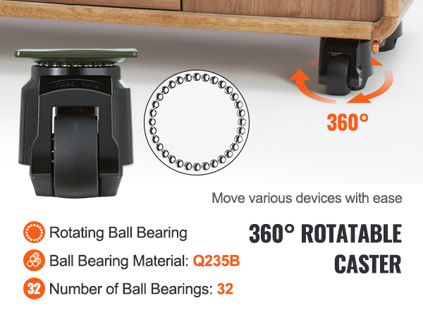 360° rotatable caster beneath wooden cabinet, highlighting rotating ball bearing and q235b material.