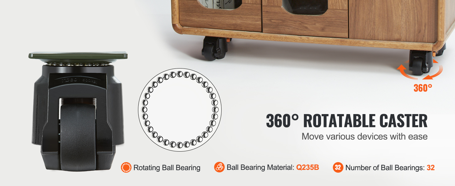 360° rotatable caster beneath wooden cabinet, highlighting rotating ball bearing and q235b material.