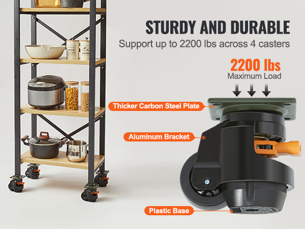 VEVOR leveling casters support 2200 lbs on a shelving unit with thicker carbon steel plate and aluminum bracket.